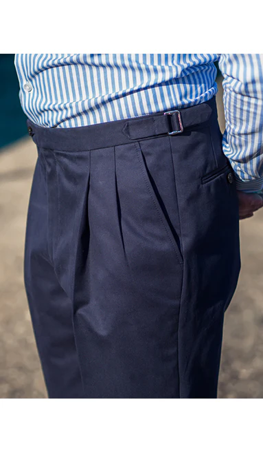 Double Pleated Cotton Trousers Dark Navy - Image 3