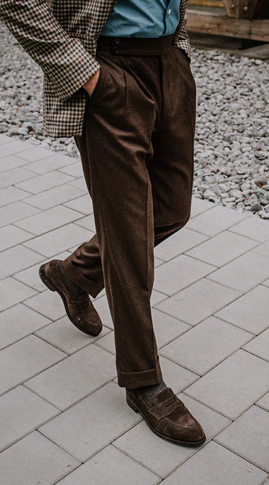 Double Pleated Flannel Trousers Brown - Image 3