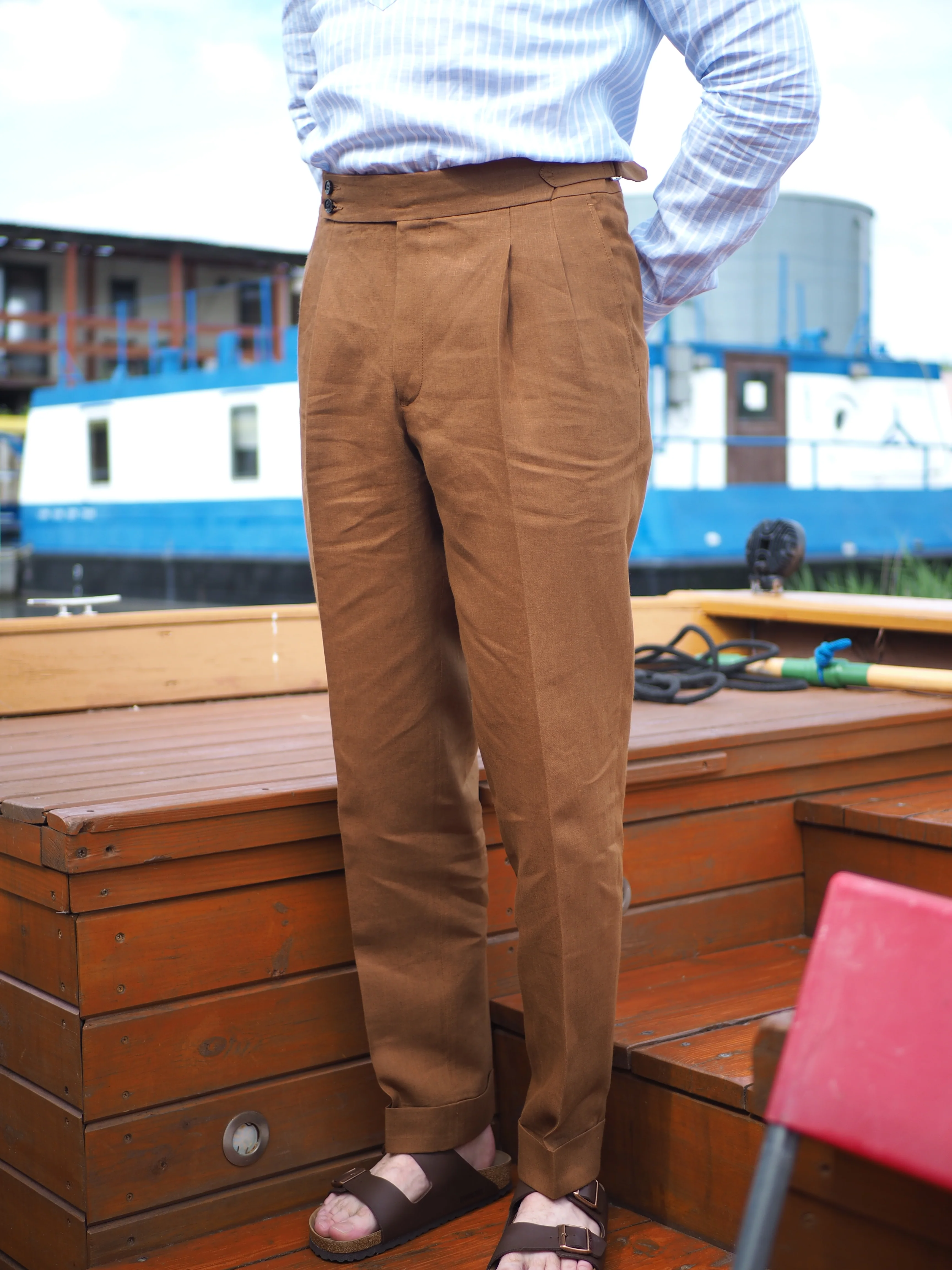 Sartorial Double Pleated Linen Trousers Cognac - Image 10