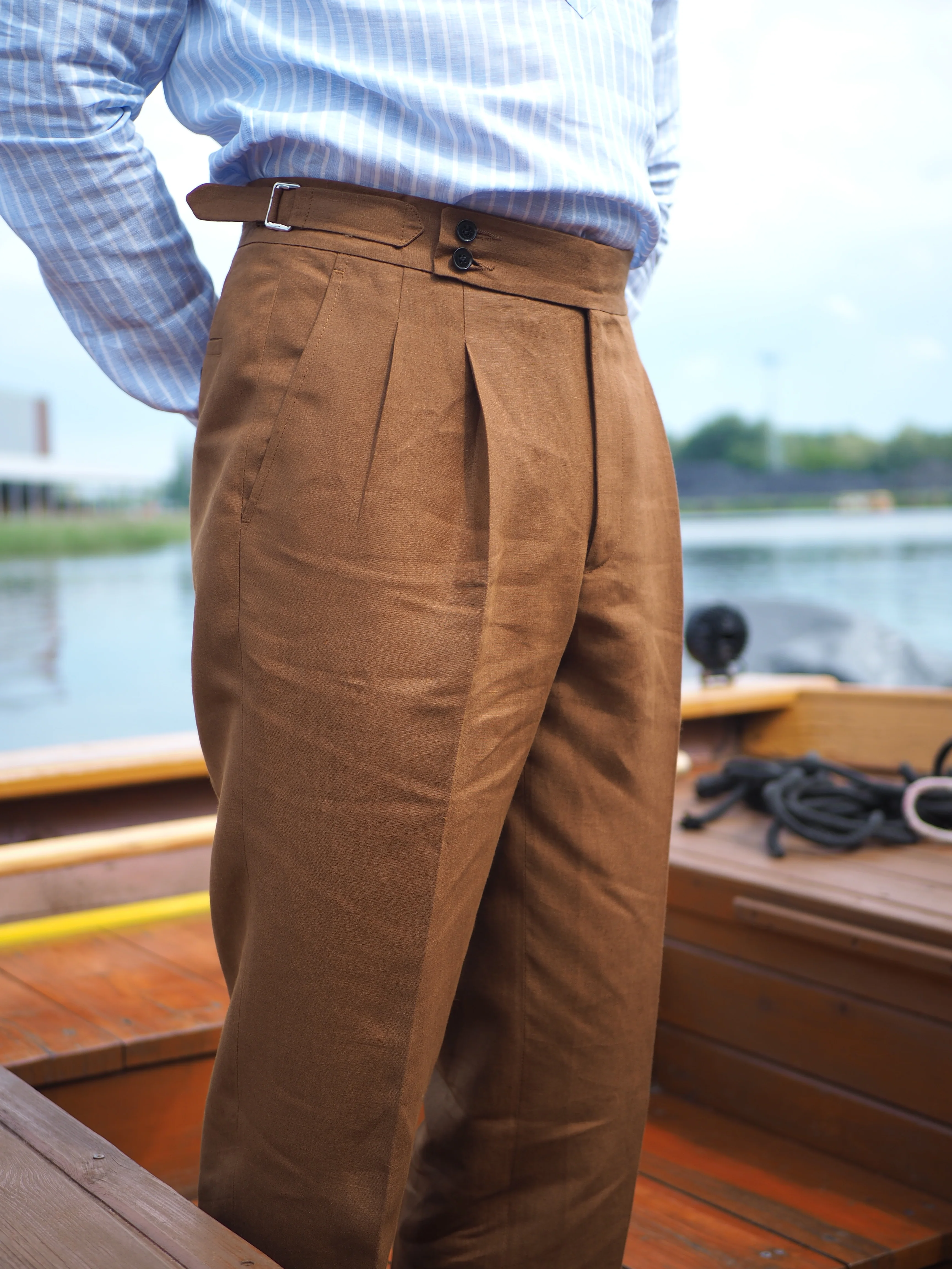 Sartorial Double Pleated Linen Trousers Cognac - Image 11