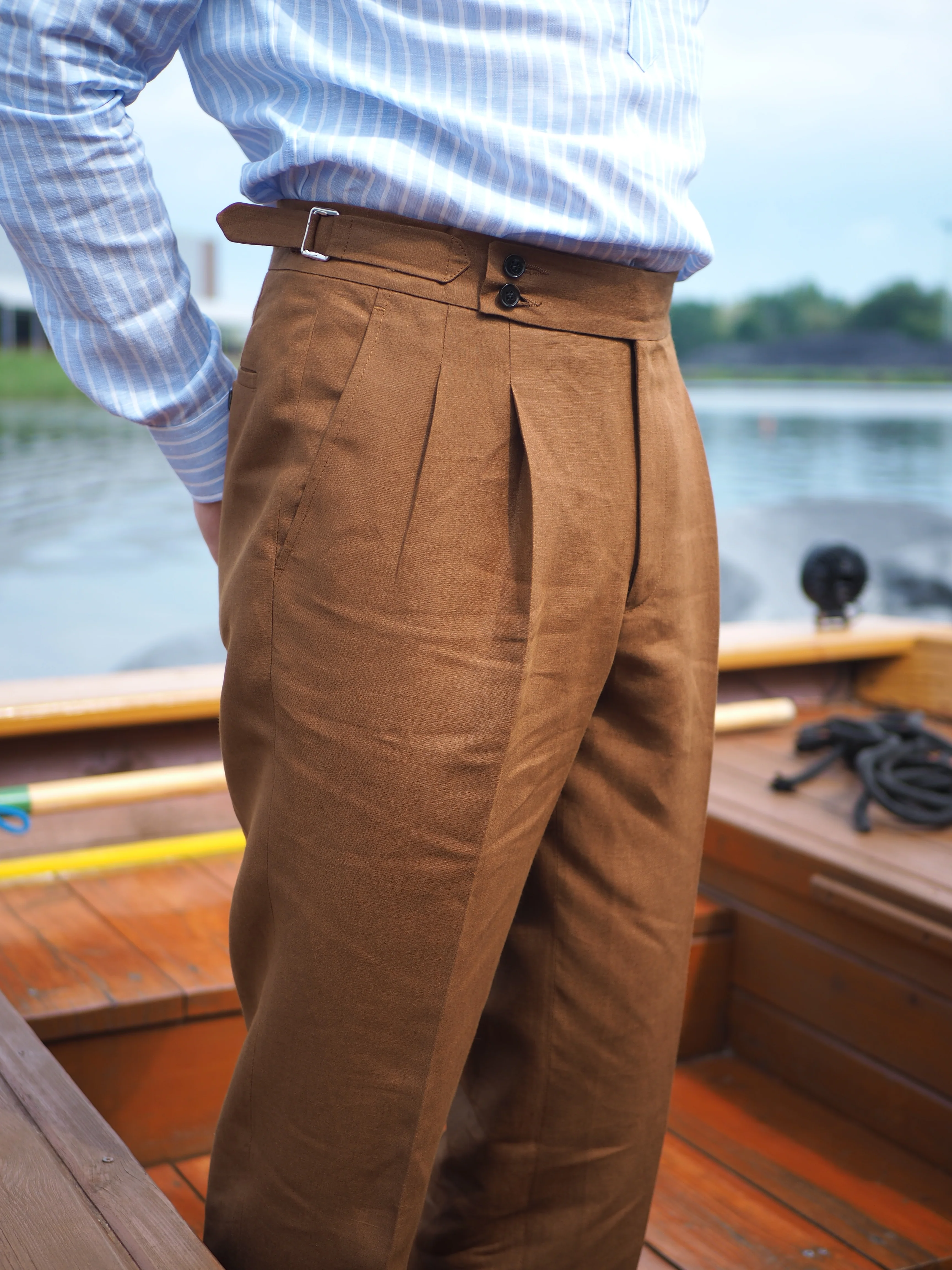 Sartorial Double Pleated Linen Trousers Cognac - Image 12