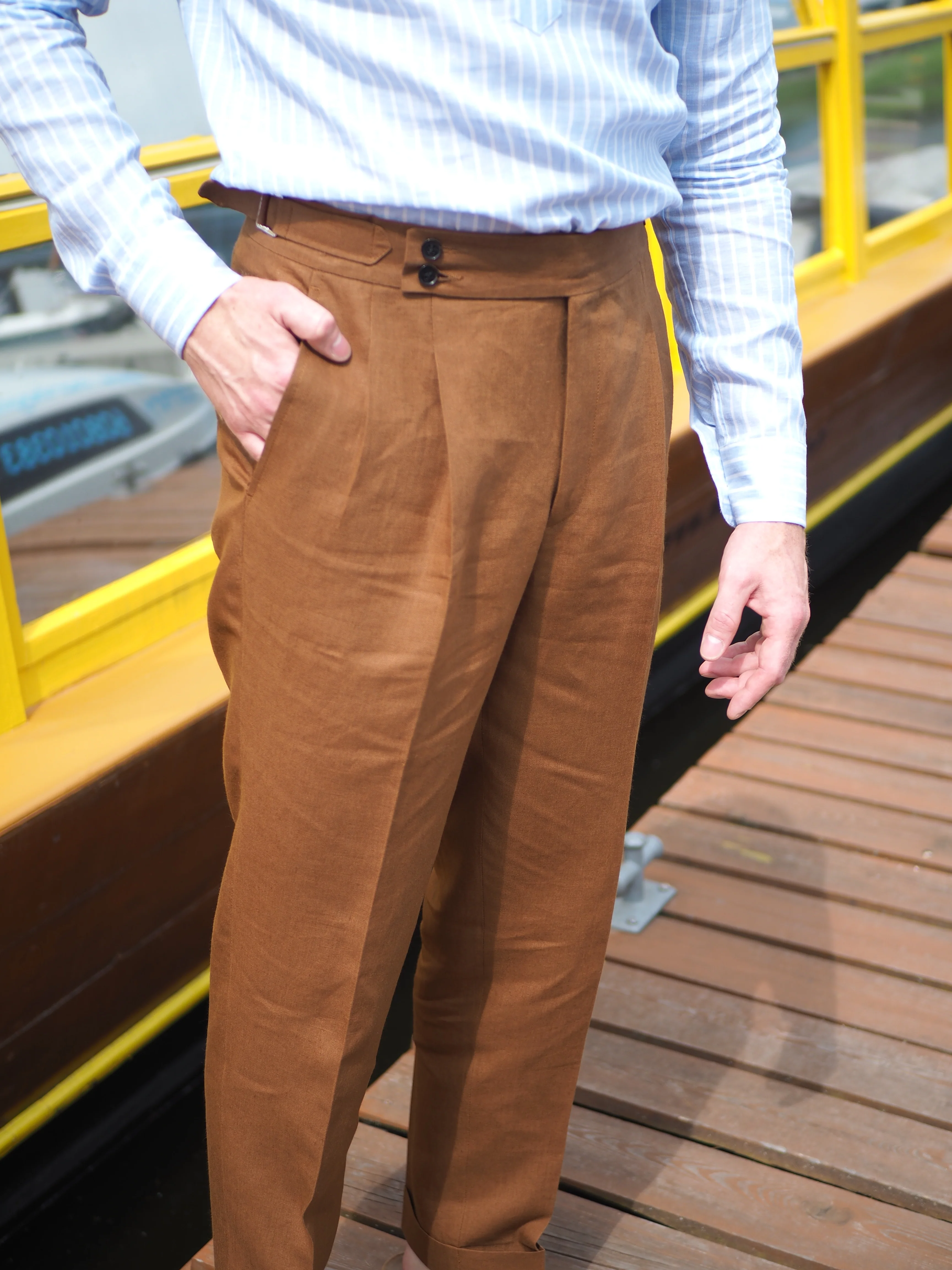 Sartorial Double Pleated Linen Trousers Cognac - Image 4
