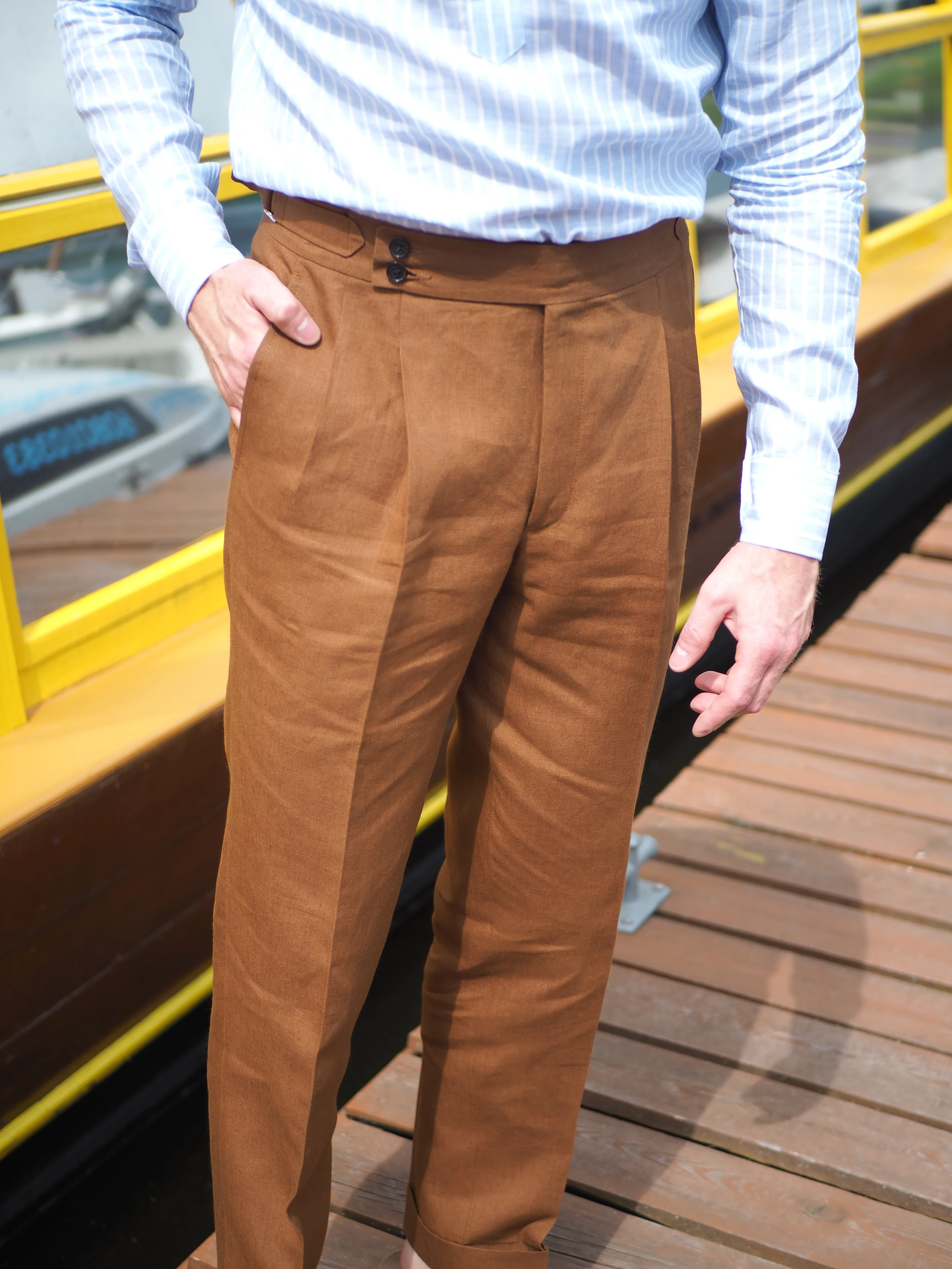 Sartorial Double Pleated Linen Trousers Cognac - Image 5