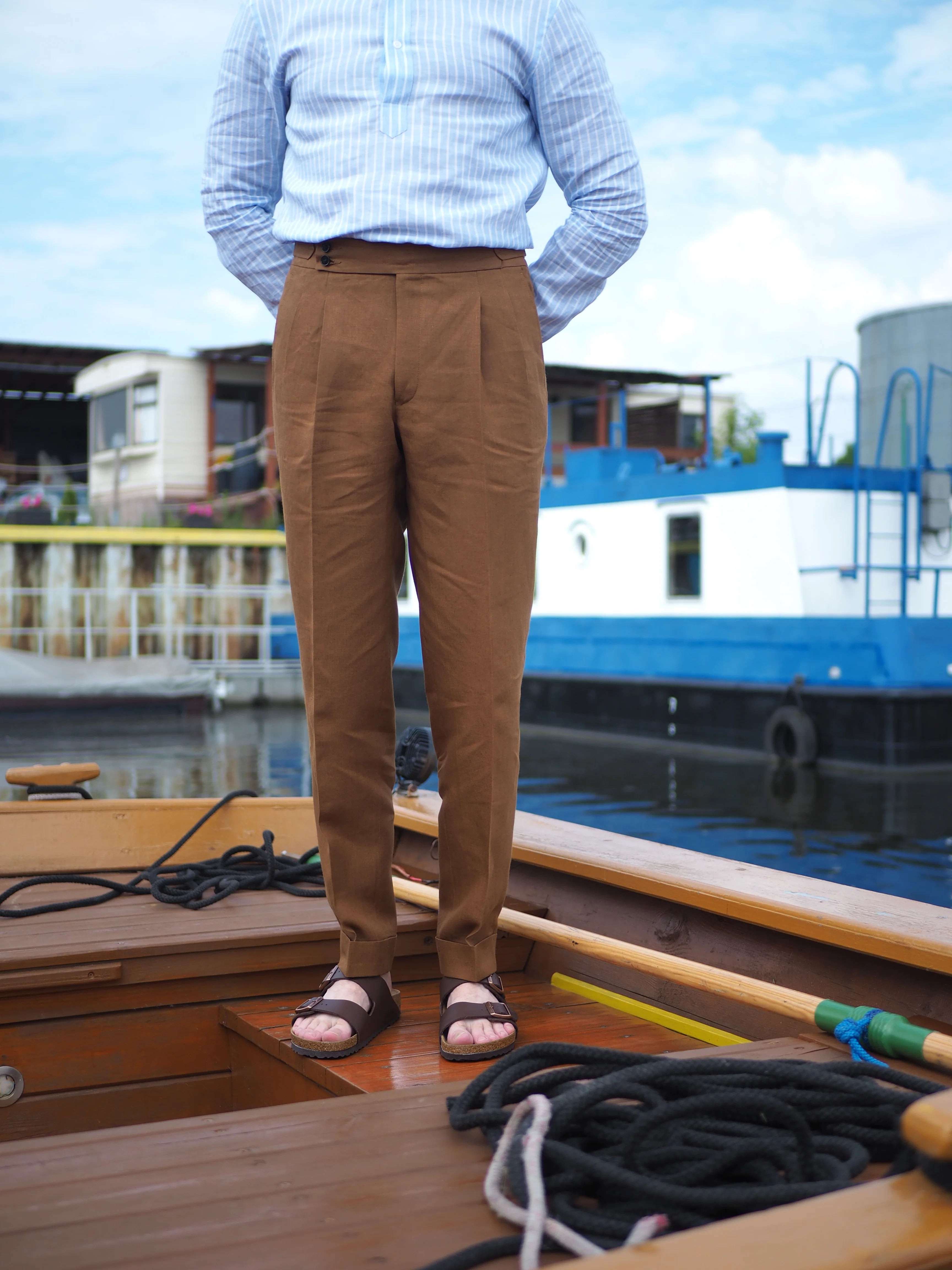 Sartorial Double Pleated Linen Trousers Cognac - Image 9