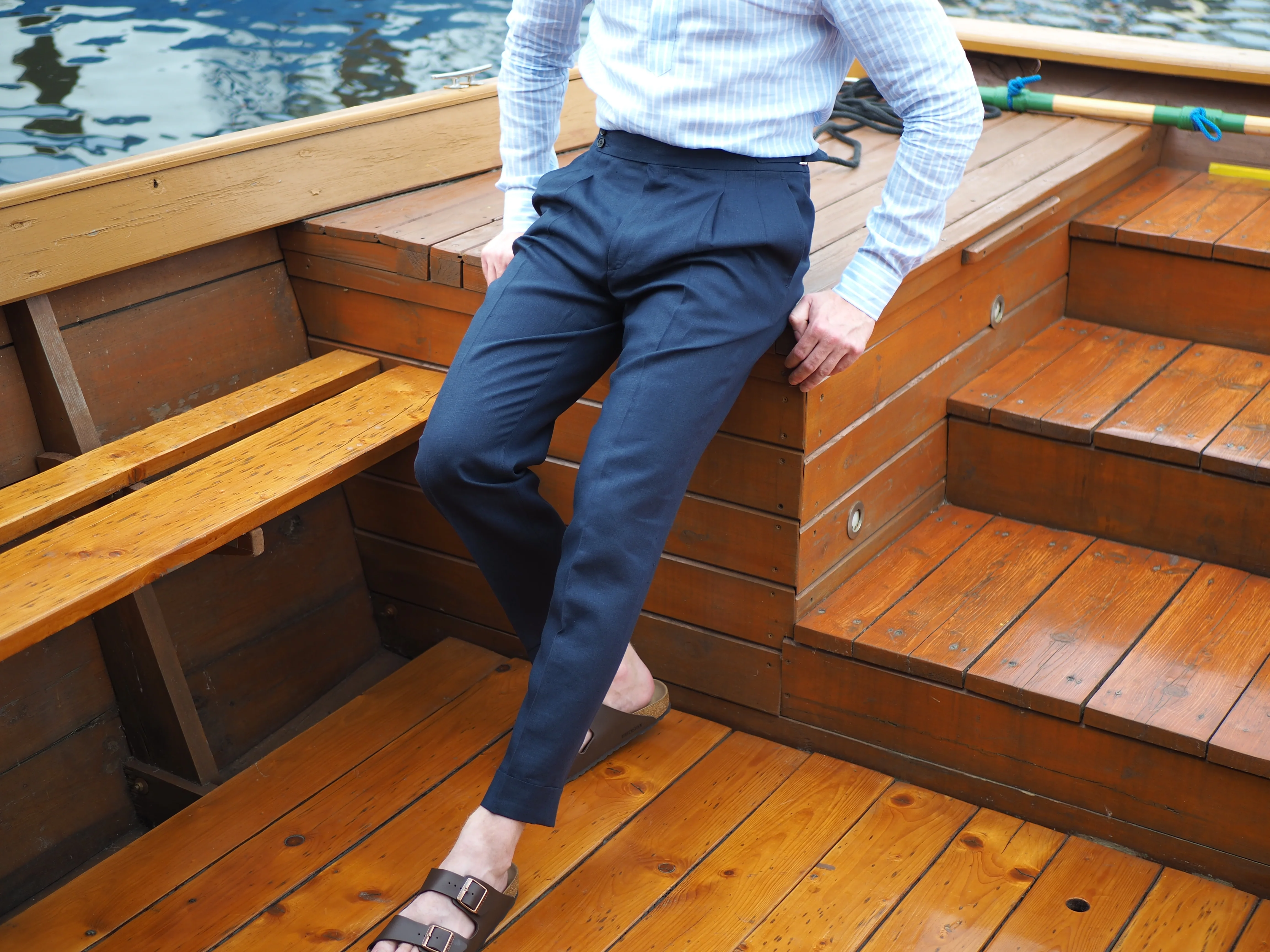 Sartorial Double Pleated Linen Trousers Navy - Image 3