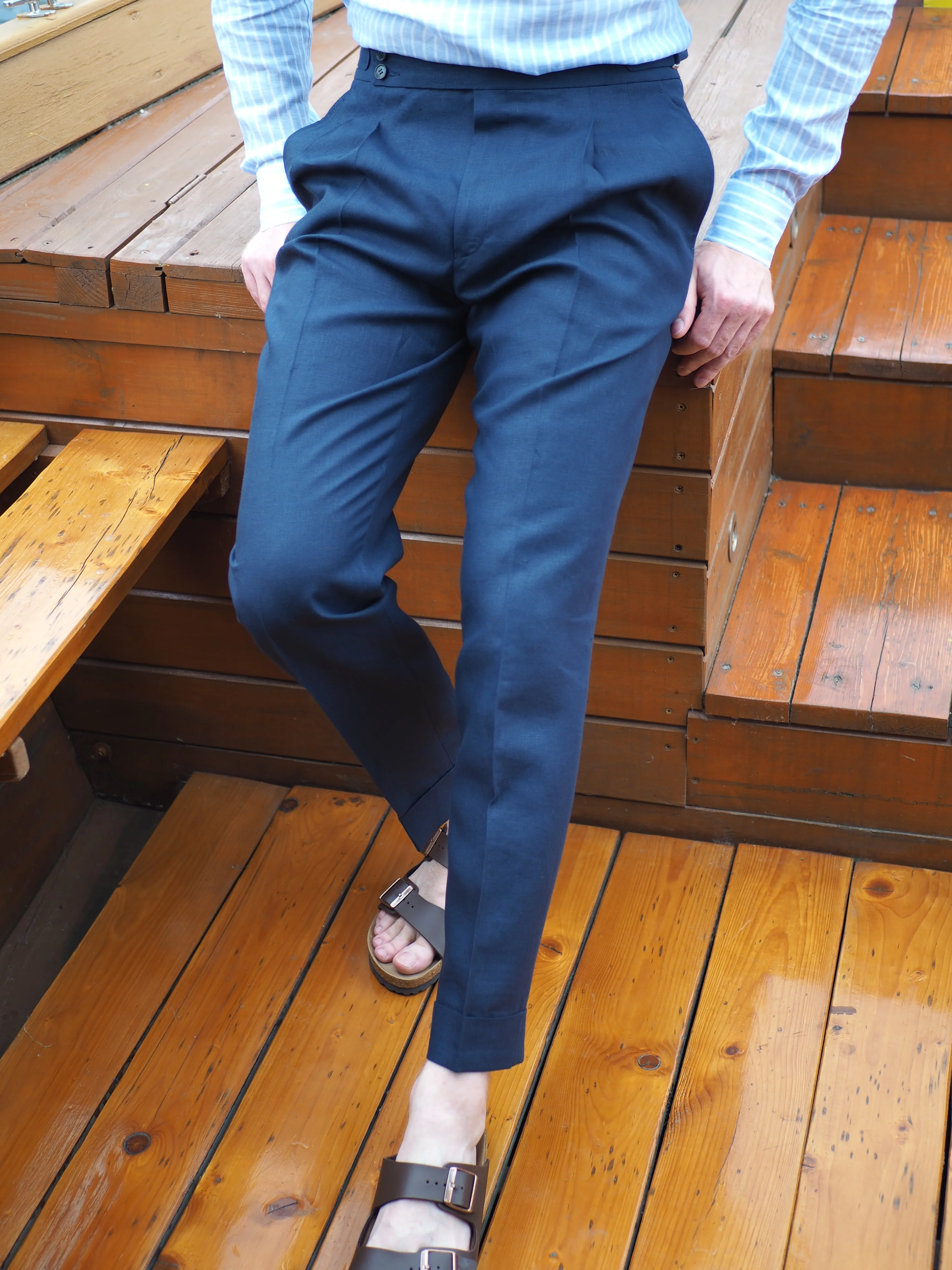 Sartorial Double Pleated Linen Trousers Navy - Image 4
