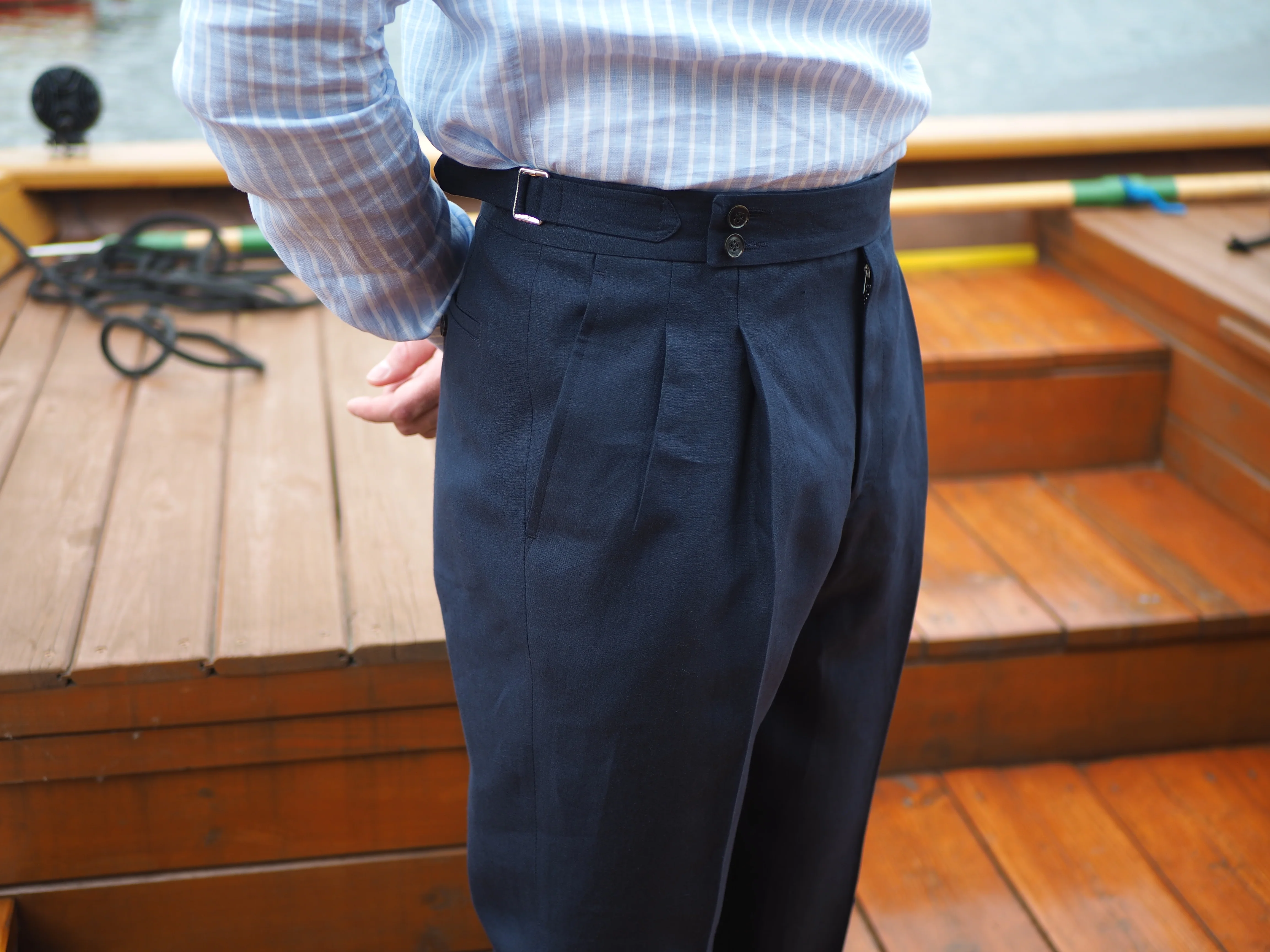 Sartorial Double Pleated Linen Trousers Navy - Image 5