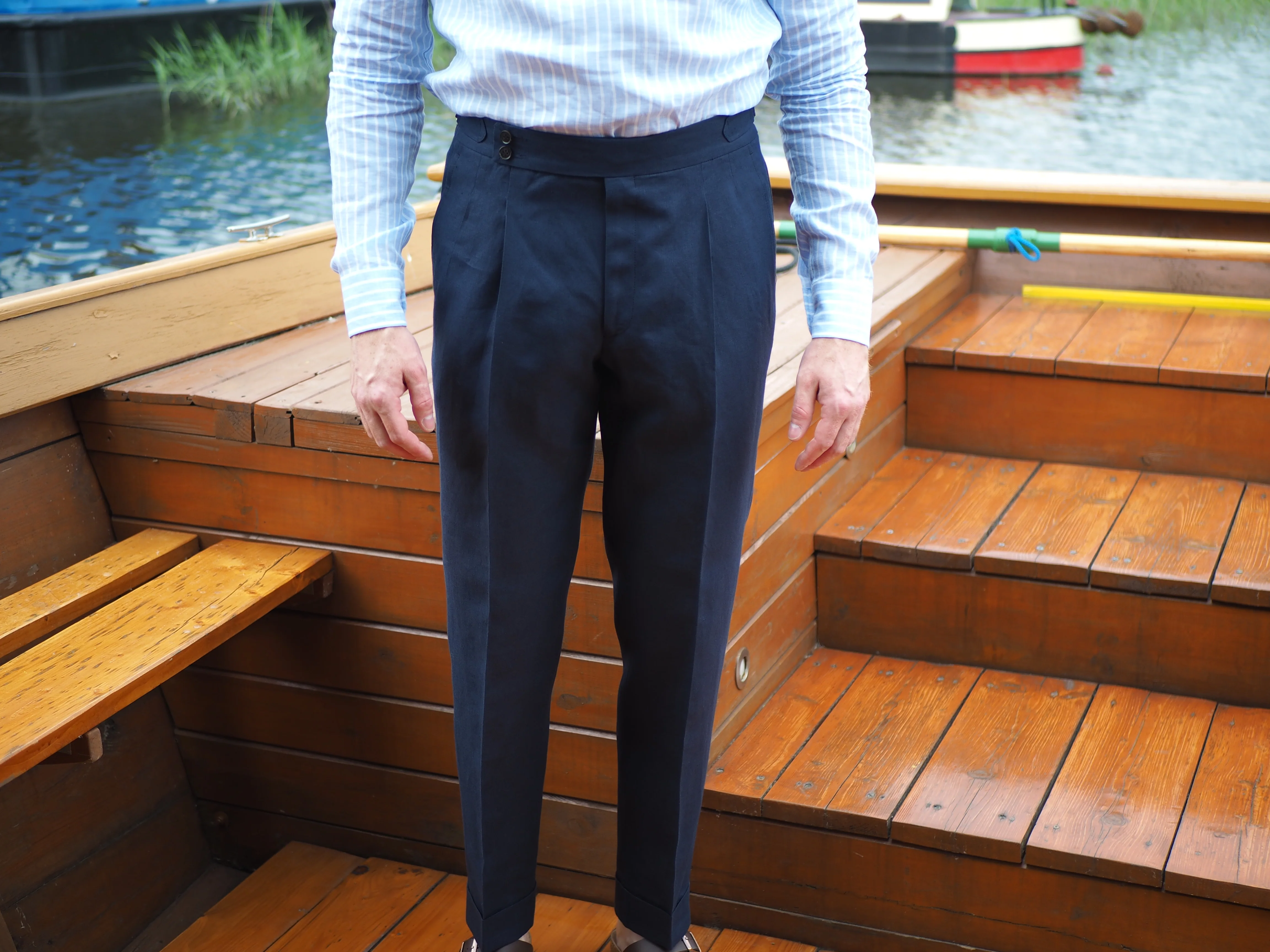 Sartorial Double Pleated Linen Trousers Navy - Image 6