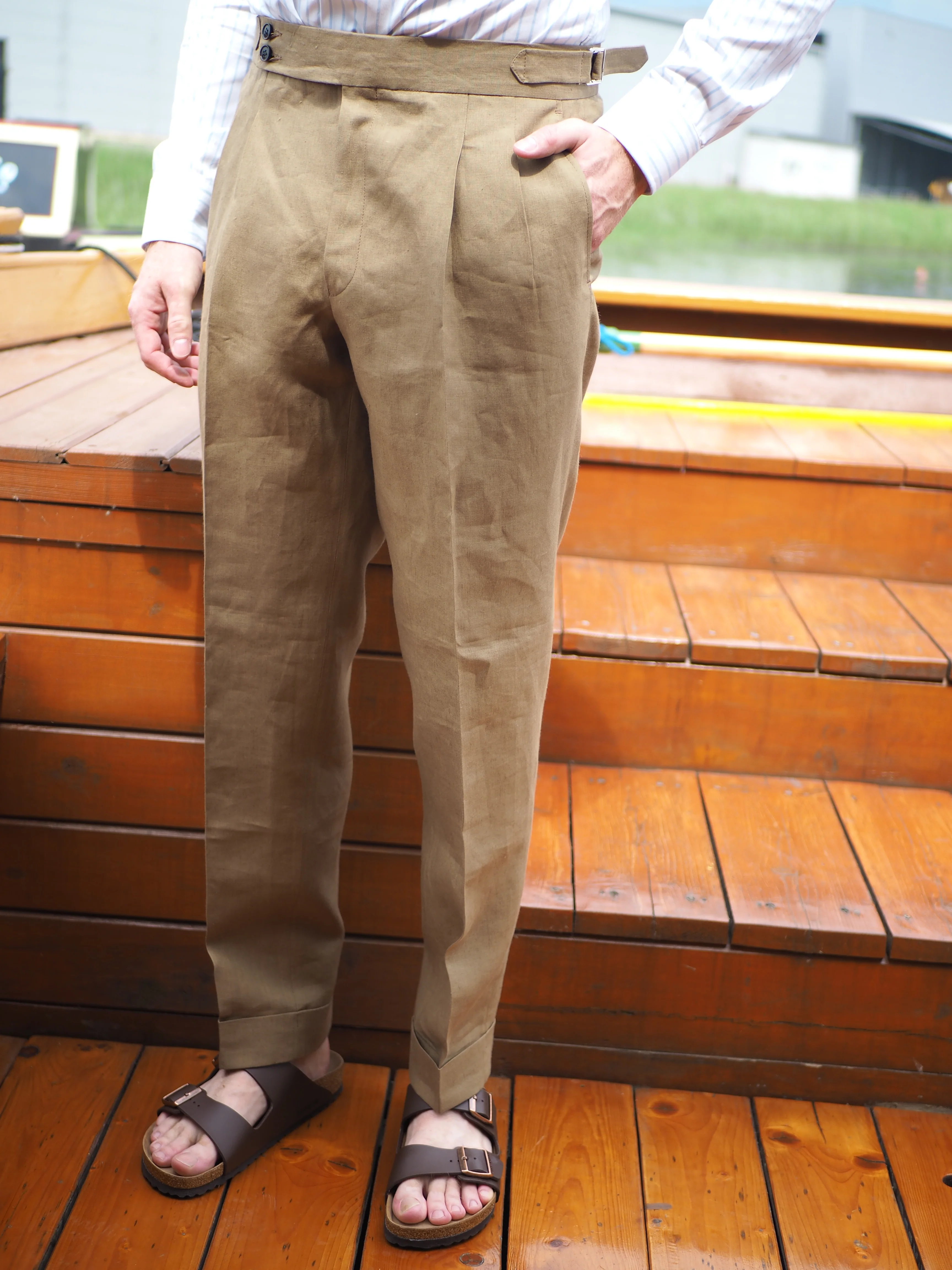 Sartorial Double Pleated Linen Trousers Taupe - Image 11
