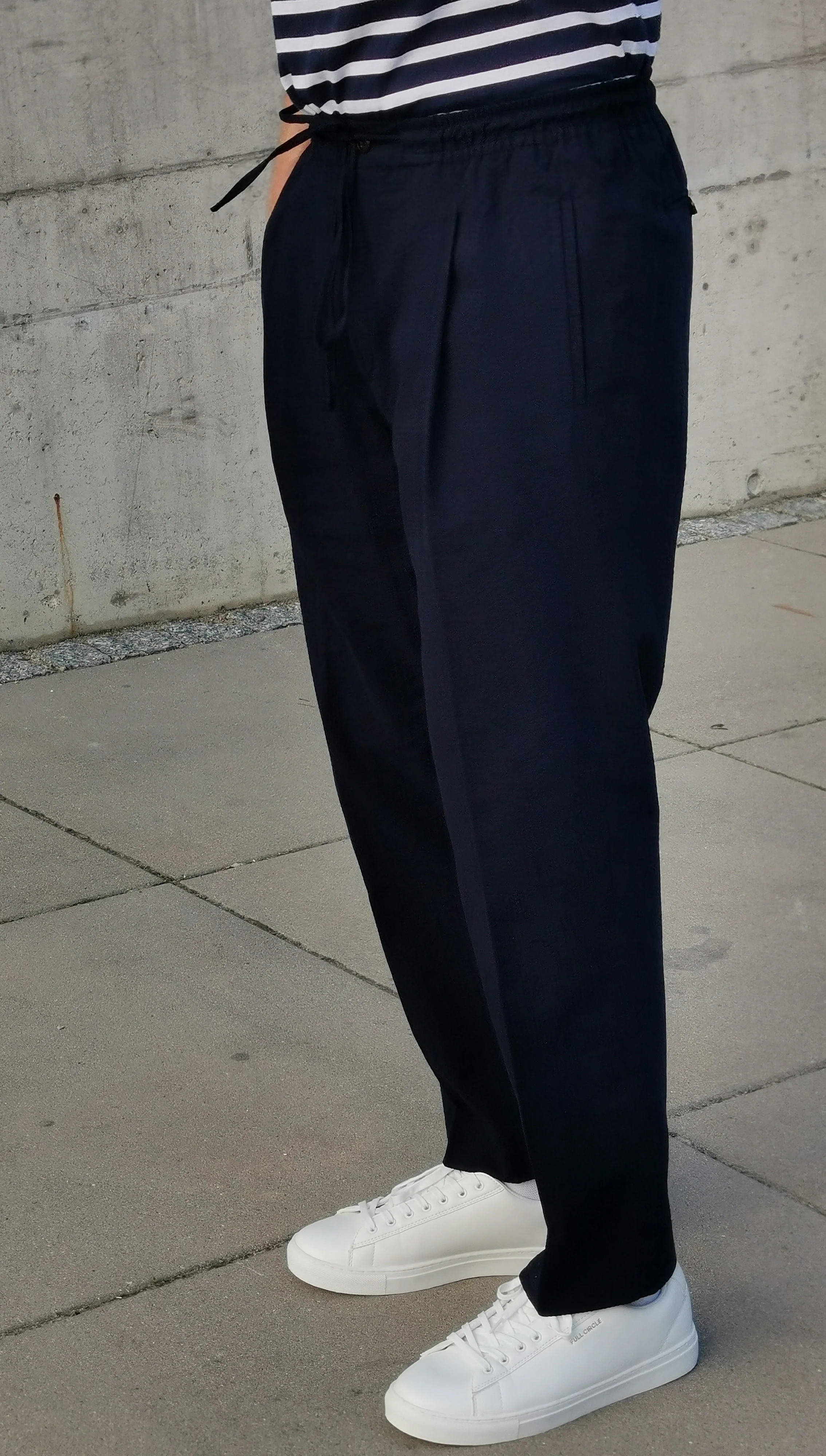 Japanese Seersucker Drawstring Trousers – Navy Blue - Image 4