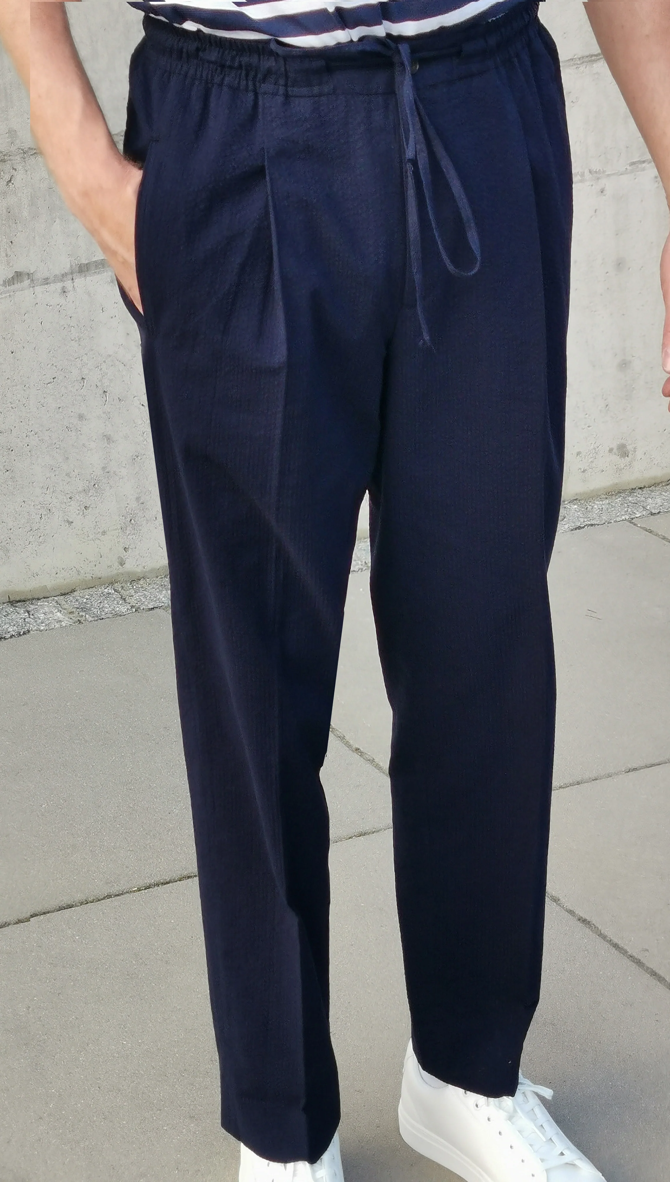 Japanese Seersucker Drawstring Trousers – Navy Blue - Image 5