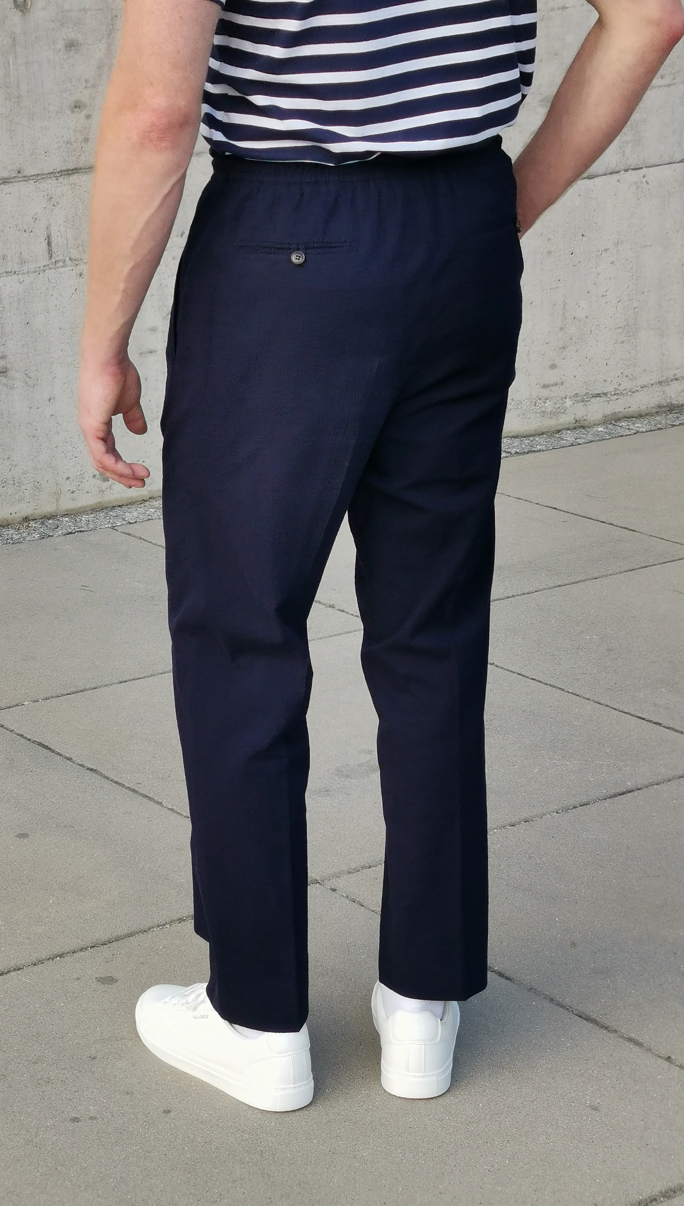 Japanese Seersucker Drawstring Trousers – Navy Blue - Image 6