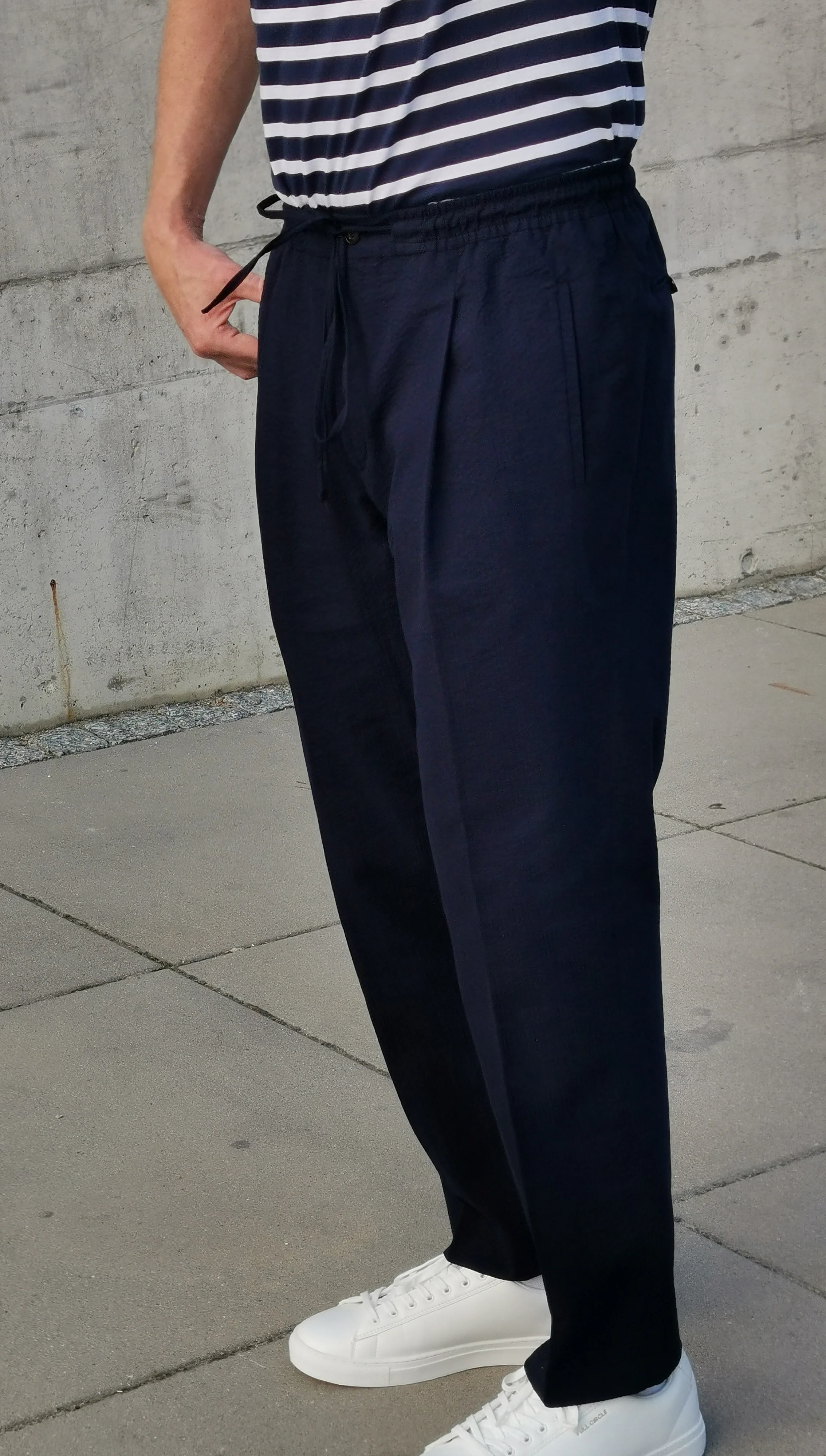 Japanese Seersucker Drawstring Trousers – Navy Blue - Image 7